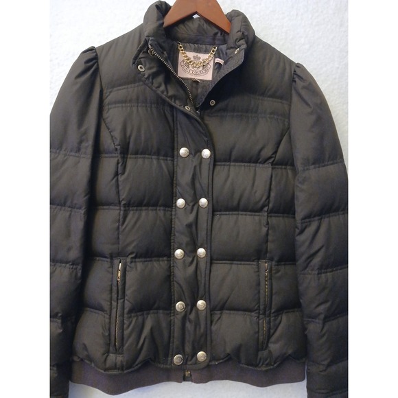 Juicy Couture Brown Down Puffer Jacket Gold Snaps Size Large Y2K Winter - Picture 2 of 9